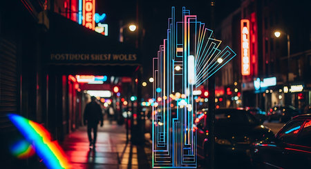 Neon city lights on the street at night. Urban night life.の素材