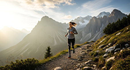 Woman jogging in the Dolomites, Italy. Healthy lifestyle conceptの素材