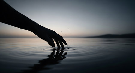 Silhouette of a human hand reaching for water in a lake.の素材