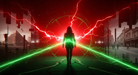 Futuristic cityscape with glowing lights and silhouette of a womanの素材