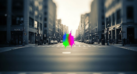 Conceptual image with green and pink paint splashing over roadの素材