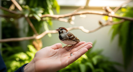 Sparrow on the palm of the hand in the garden.の素材
