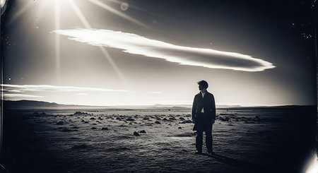 Silhouette of a man standing in the desert. Mixed mediaの素材