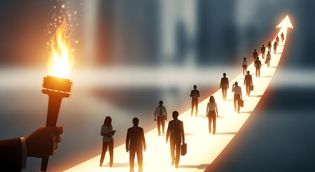 Businessman holding torch in his hand and people silhouettes on the background. 3D renderingの素材