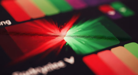 Closeup shot of a computer monitor with a red and green screenの素材