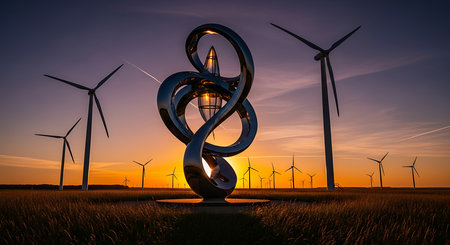 Wind turbines generating electricity at sunset. Alternative energy source. 3D renderingの素材