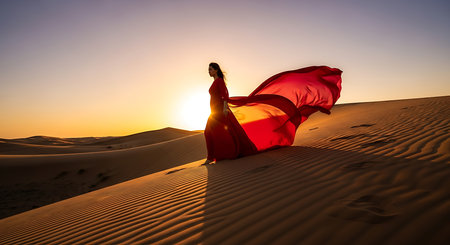Beautiful young woman in the desert with red cloth at sunset.の素材