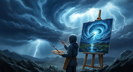 Man painter with palette and brush in stormy sky. Mixed mediaの素材