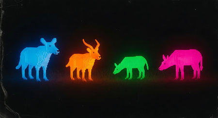 Neon image of antelope with colorful lights on a black backgroundの素材