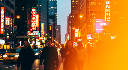 People walking in Times Square at nightの素材