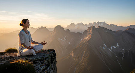Woman meditating in lotus position on the top of the mountainの素材