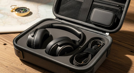 Headphones in a case on a wooden background. Close-up.の素材