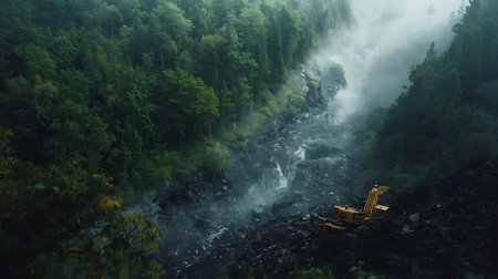 Mountain landscape with a river in the fog and a bulldozerの素材