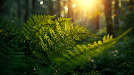 Fern leaves in morning sunlight. Beautiful nature scene with sunbeamsの素材