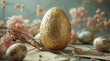 Golden Easter egg with spring flowers on blue background, retro tonedの素材
