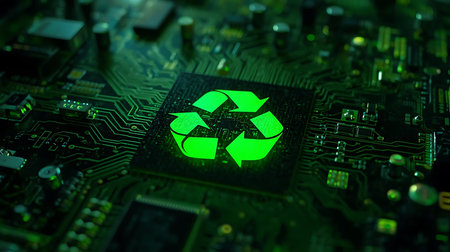 Green Recycling symbol on computer circuit board background. Ecology concept.の素材
