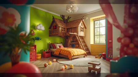 Children's room with a wooden house and toys. 3d renderingの素材