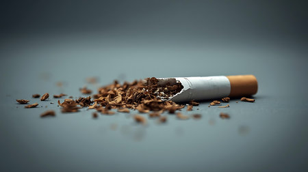 Cigarette butt and ashtray on a gray background.の素材