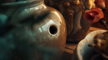 Clay vases and flowers in a shop window, stock photoの素材