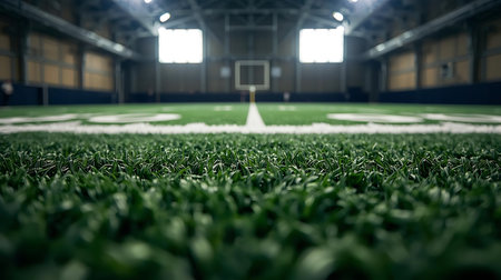Soccer field background with green grass. Football field in the stadium.の素材