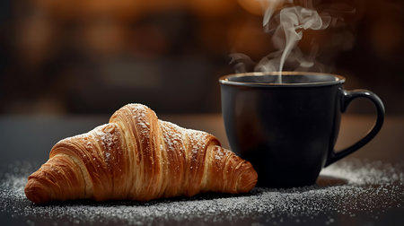 Cup of coffee and croissant on the table in cafeの素材