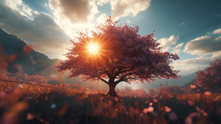Lonely tree in the meadow at sunset, 3d renderの素材