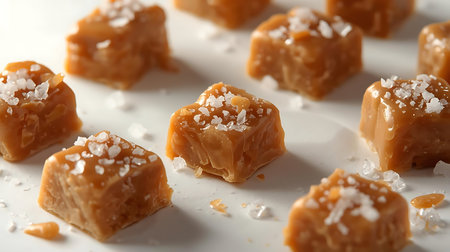 Delicious caramel candies on white plate, closeup. Delicious dessertの素材