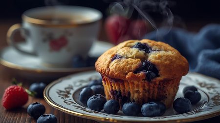 Blueberry muffin with cup of coffee on wooden table, selective focusの素材