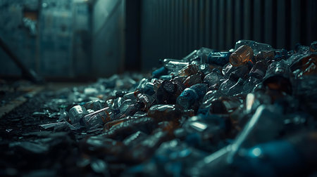 Pile of used glass bottles in a trash dump. Selective focus.の素材