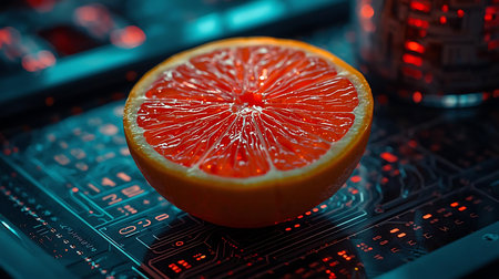 Close-up of a slice of red grapefruit on a digital table.の素材