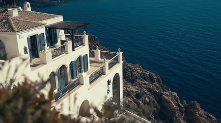 Beautiful architecture on Santorini island, Greece. Vintage tonedの素材