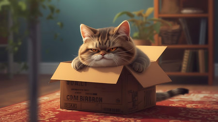 Cute cat in a cardboard box at home. 3d renderingの素材