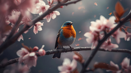 Beautiful red-breasted robin bird sitting on a branch of blooming sakuraの素材
