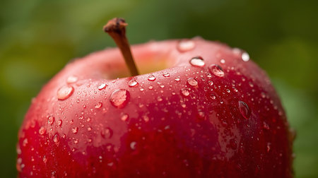Red apple with water drops on a green background. Shallow depth of fieldの素材