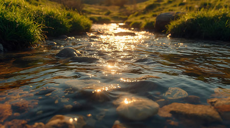 Sunset in the mountain river. The sun's rays make their way through the water.の素材