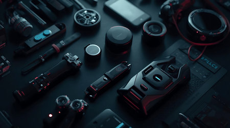 High angle view of gaming accessories on black background. 3d renderingの素材