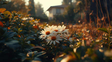 Beautiful daisies in the garden at sunset. Nature backgroundの素材