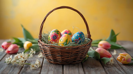 Easter eggs in basket and tulips on wooden table, closeupの素材