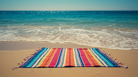 Colorful beach towel on the beach with blue sea and sky backgroundの素材