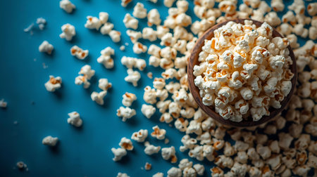 Popcorn in a wooden bowl on a blue background. Selective focus.の素材