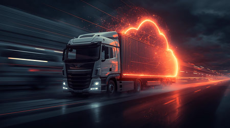 Truck with cloud on the road at night. 3d renderingの素材