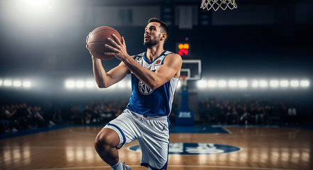 Basketball player in action on basketball court. Sport and competition concept.の素材