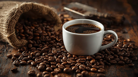 Coffee cup and coffee beans on a wooden table. Coffee backgroundの素材