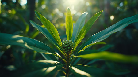 Green leaves of a tropical plant in the forest with sun rays.の素材