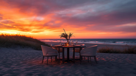 dinner on the beach at sunset. 3d render image.の素材