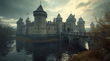Fantasy landscape with medieval castle and bridge over the river. 3d renderの素材