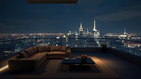 Luxury living room with panoramic view of Paris at nightの素材