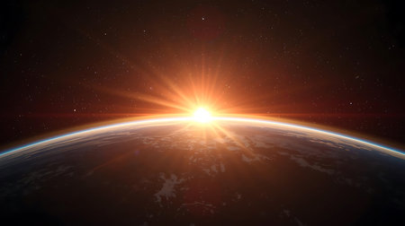 sunrise over the planet earth 3d rendering image. space backgroundの素材