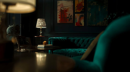 interior of a living room with a green sofa and a table lampの素材