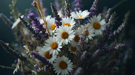 Bouquet of daisies and lavender on a dark backgroundの素材